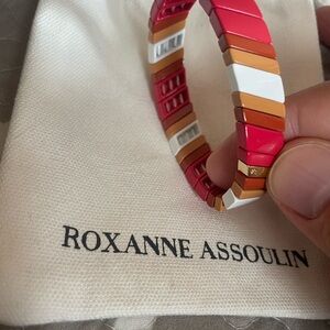 Roxanne Assoulin Chevron Tile Stretch Bracelet — Pinkish Red, White & Tan